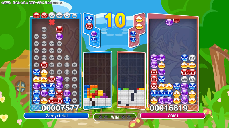 Now look at all the grey trash on my screen. You can’t do much about it other than try to do quick clears which will also remove surrounding grey areas. As you can see. I suck. In the middle is the Swapped Tetris game. I was doing okay.
